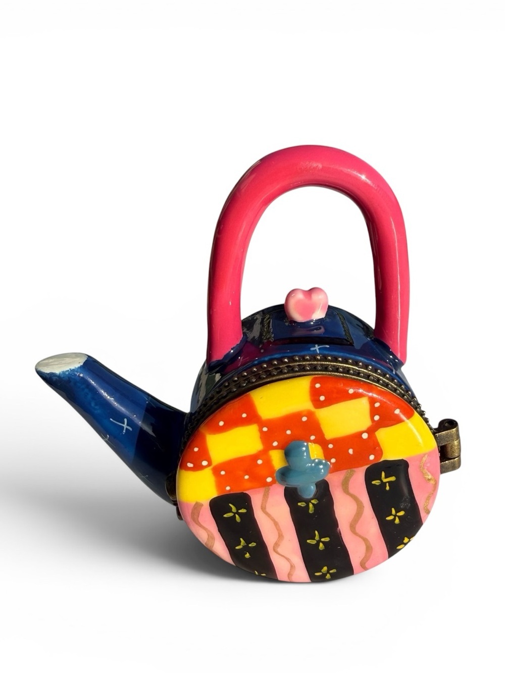 Vintage Whimsical Teapot Trinket Box Hinged Ceramic Jewelry Keepsake Colorful 4โ